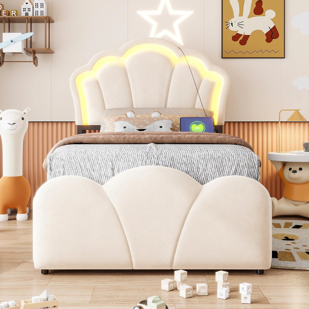 Letto singolo imbottito ULEVR 90x200 cm con contenitore idraulico, LED, prese integrate e rivestimento in velluto beige