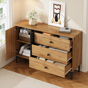 OKWISH Credenza con 1 Anta e 3 Cassetti, Piedini in Metallo, per Soggiorno e Sala da Pranzo, Nero e Naturale, 120 x 35 x 76 cm