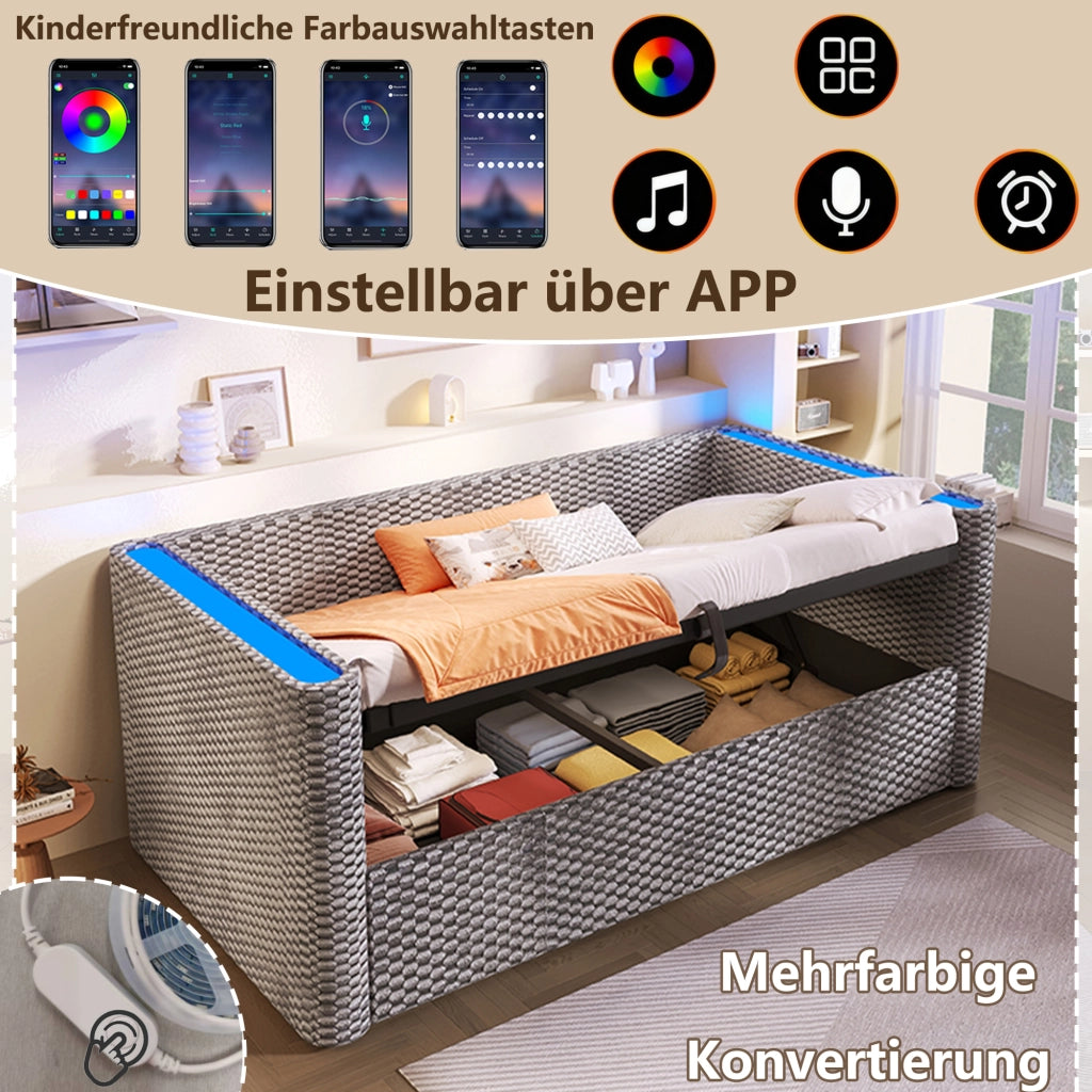Letto divano 90 × 200 cm singolo con contenitore idraulico; LED multicolore; senza materasso; velluto grigio