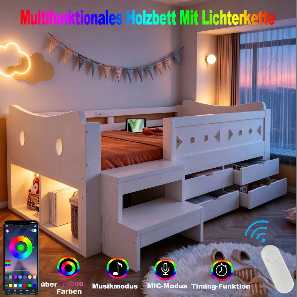 Letto con cassetti 90 × 200 cm con gradini laterali; barriere di protezione; LED; USB e porta Type-C in legno bianco