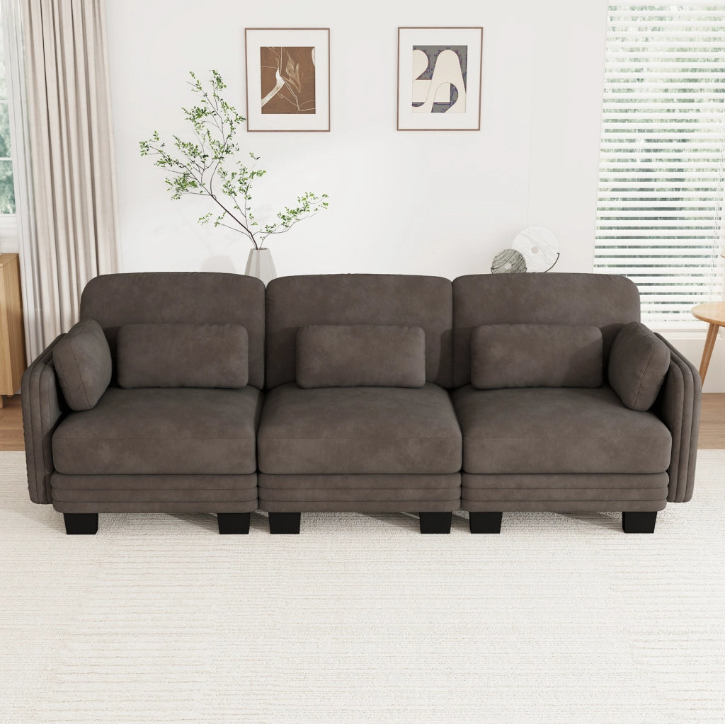 Divano modulare in ciniglia marrone con cuscini mobili; 253 x 88 x 88 cm