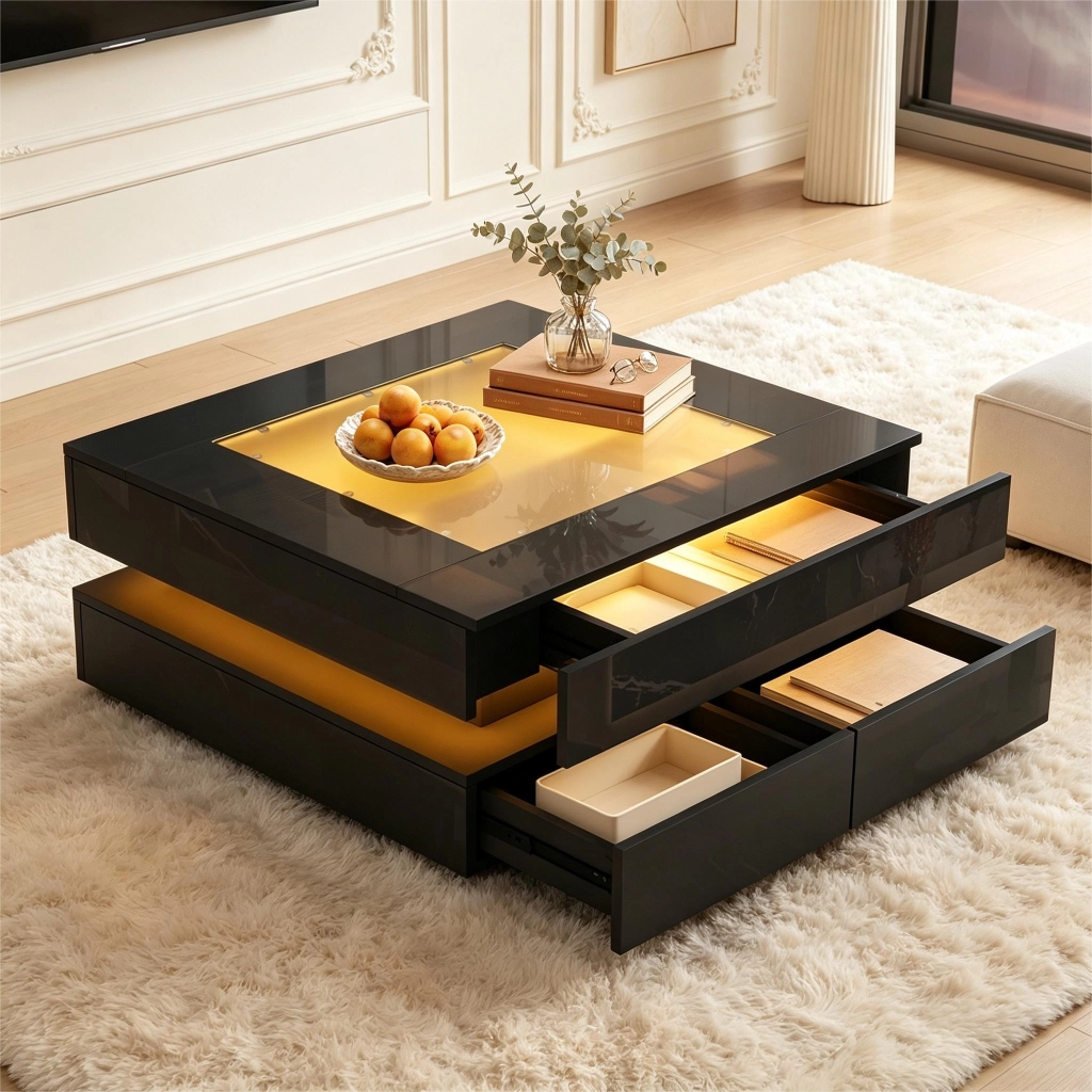 Tavolino basso quadrato con LED e 3 cassetti, piano in vetro temperato e finitura lucida nera 70 × 70 × 35 cm
