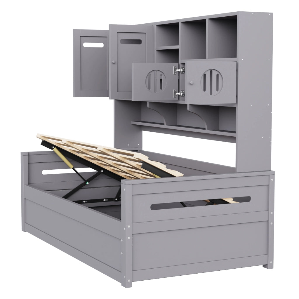 Letto singolo con contenitore 90 × 200 cm con sollevamento idraulico e vano superiore in legno di pino grigio