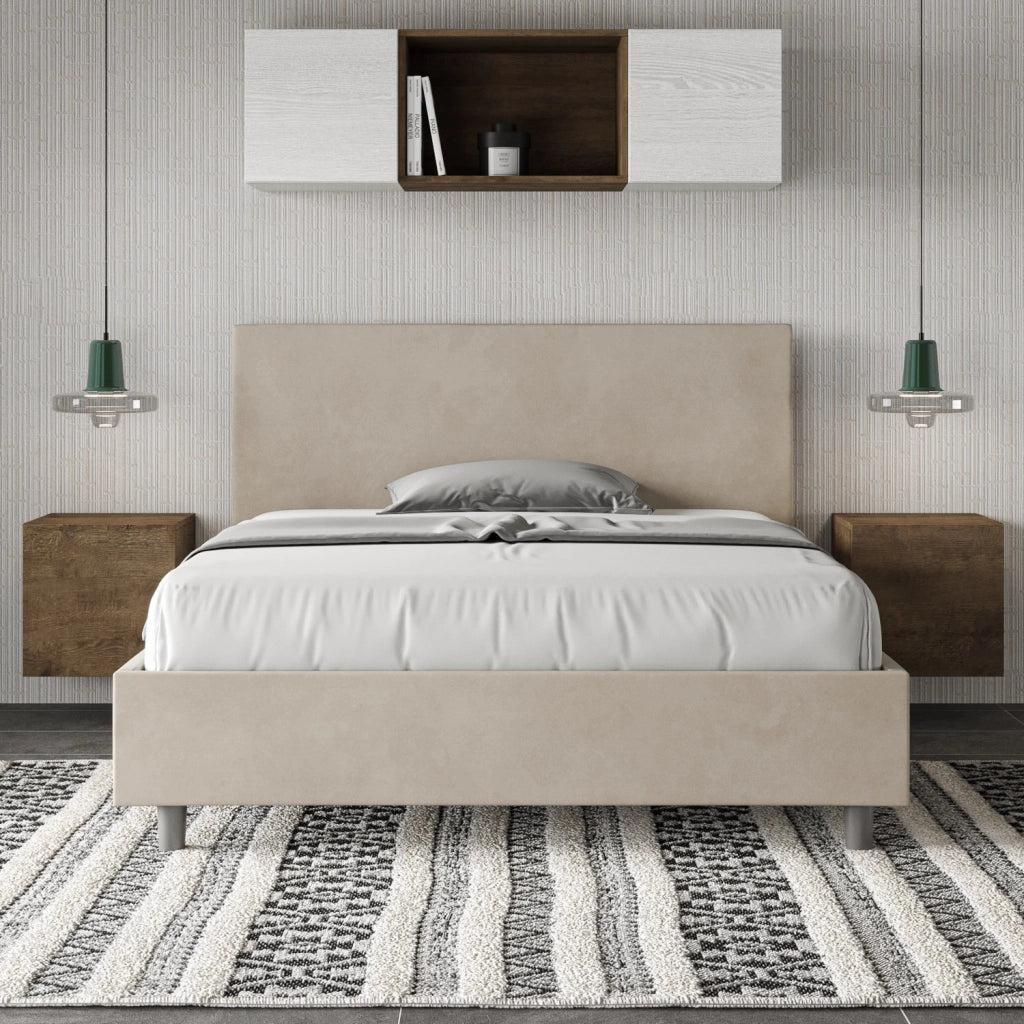 BS COM Letto una piazza e mezza con rete imbottito 130x200 microfibra sabbia