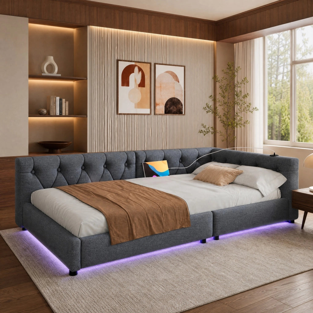 Divano letto giorno 90x200 cm in lino e MDF; grigio; con LED e USB/Type-C