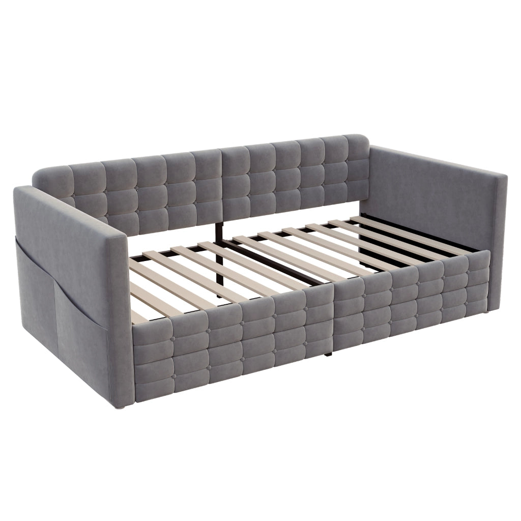 Letto divano singolo 90×190 cm con 2 cassetti e 4 tasche laterali; senza materasso; in velluto grigio