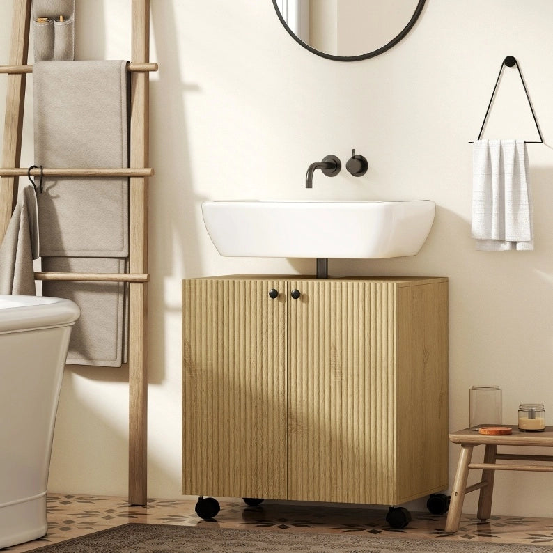 Mobile mobile bagno con tre ripiani regolabili e porta a chiusura soft, con taglio a U per lavabo senza piedistallo, finitura legno