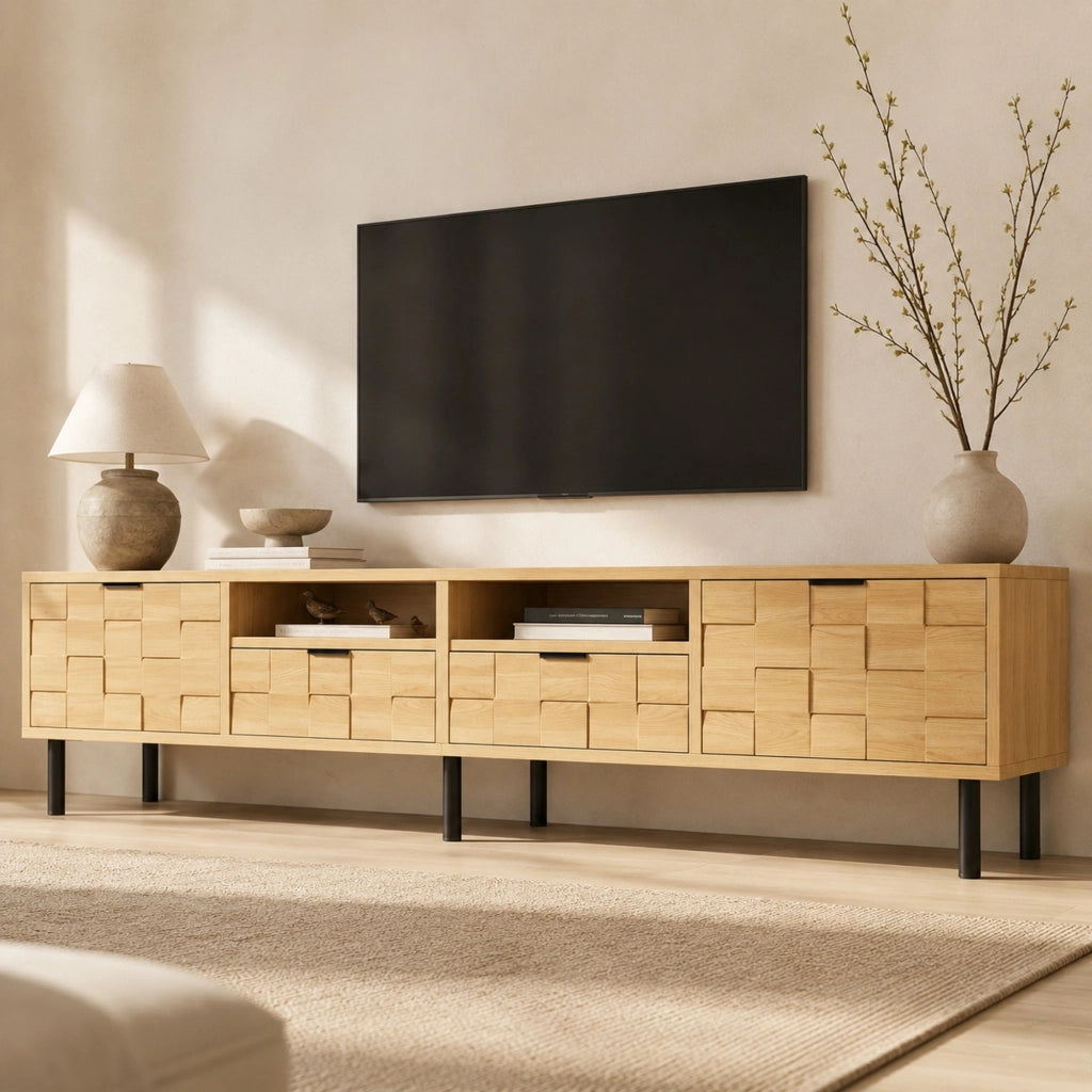 Mobile TV con 2 ante, 2 cassetti e 2 vani aperti, per soggiorno, in MDF e truciolare, naturale, 200 × 35 × 44,5 cm
