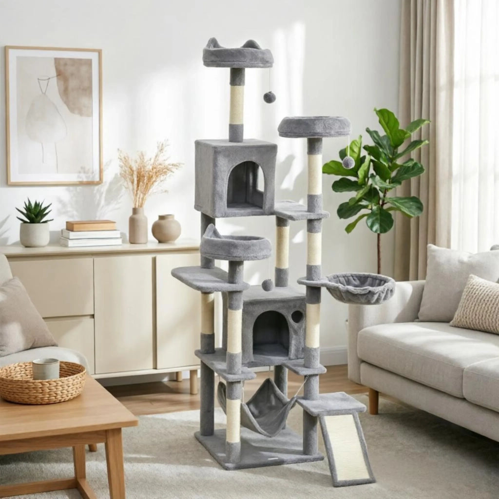 Albero tiragraffi per gatti, h 192 cm, 8 pali, 4 piattaforme, 2 nicchie, scala e 3 palline