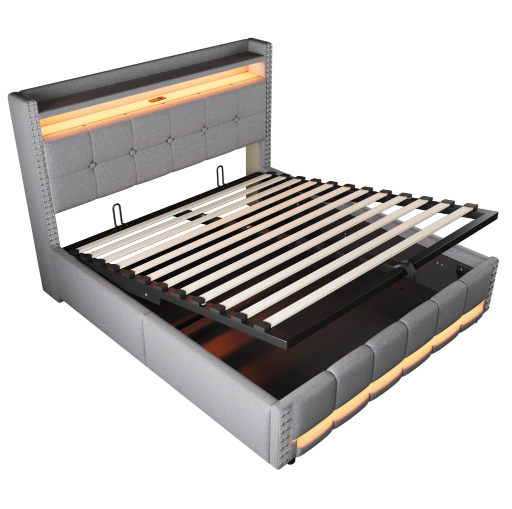 Letto imbottito 160 x 200 cm con LED, presa USB e contenitore