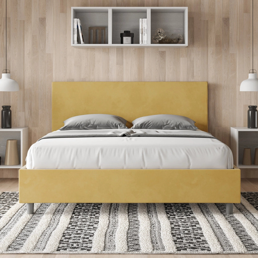 BS COM Letto queen size contenitore imbottito 150x190 microfibra ocra