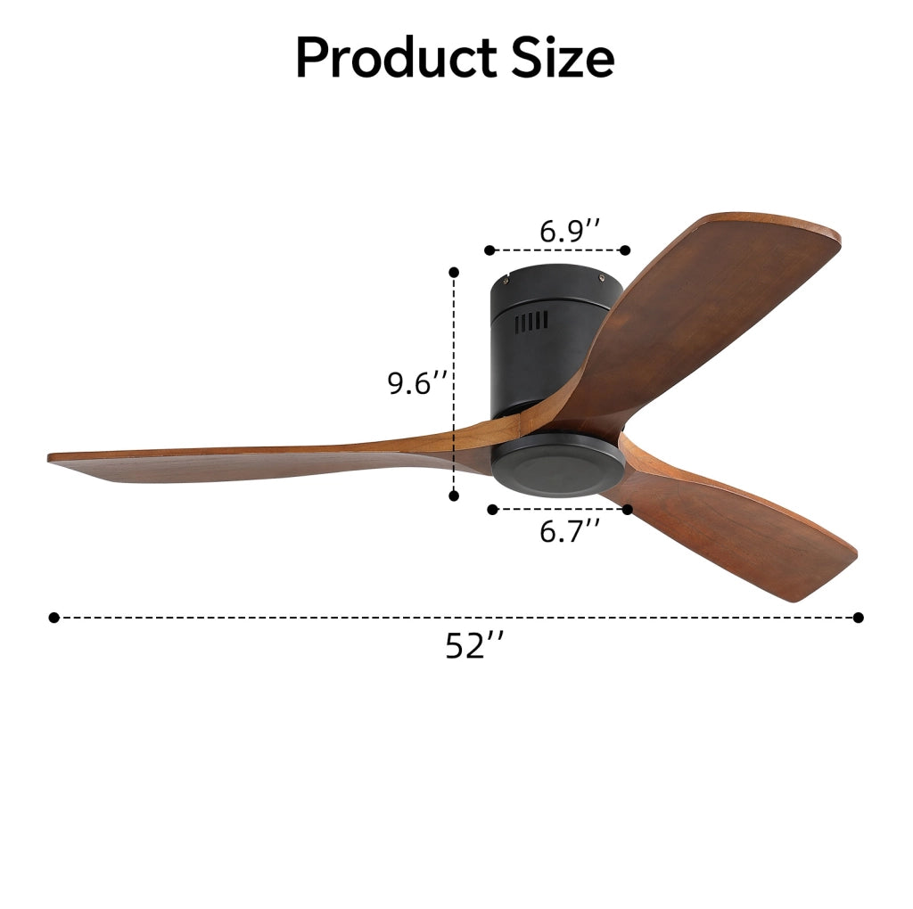 Ventilatore da soffitto 132 cm a 3 pale in legno massello nero con telecomando