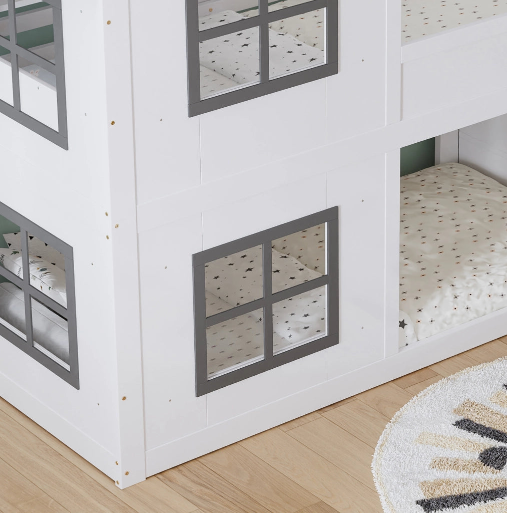 Letto a castello per bambini con scala contenitore a 3 gradini, finestrini e tetto, struttura in pino e MDF, bianco e grigio, 90x200 cm