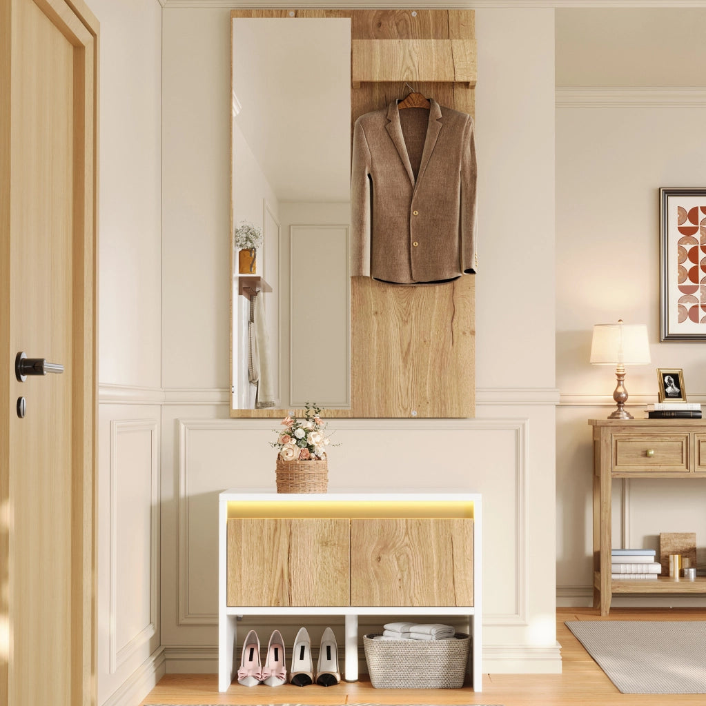 Set appendiabiti con specchio, panca porta scarpe e 2 cassetti, 60×38×145 cm, bianco e naturale