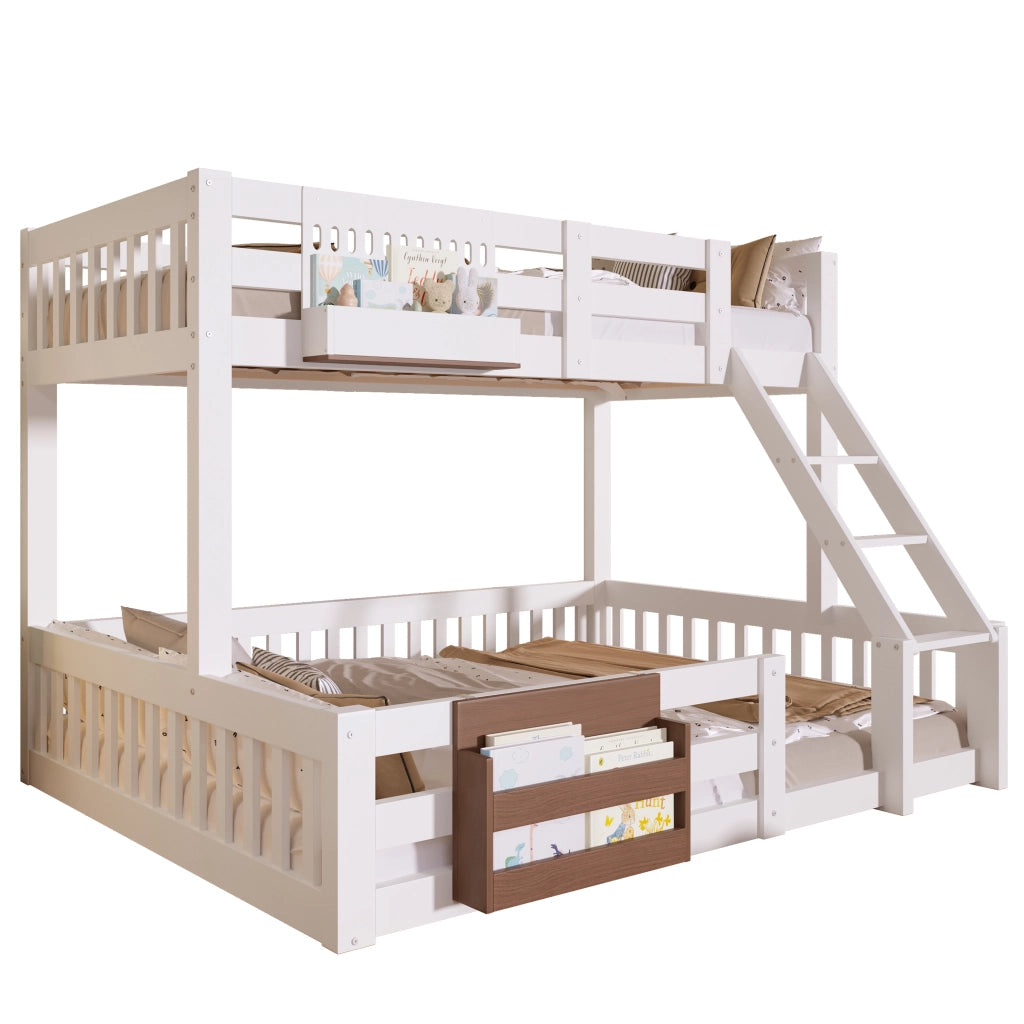 Letto a castello 3 posti 90 x 200 e 140 x 200 cm con contenitori e scaletta, letto per bambini bianco in pino, MDF e metallo con sponde di sicurezza
