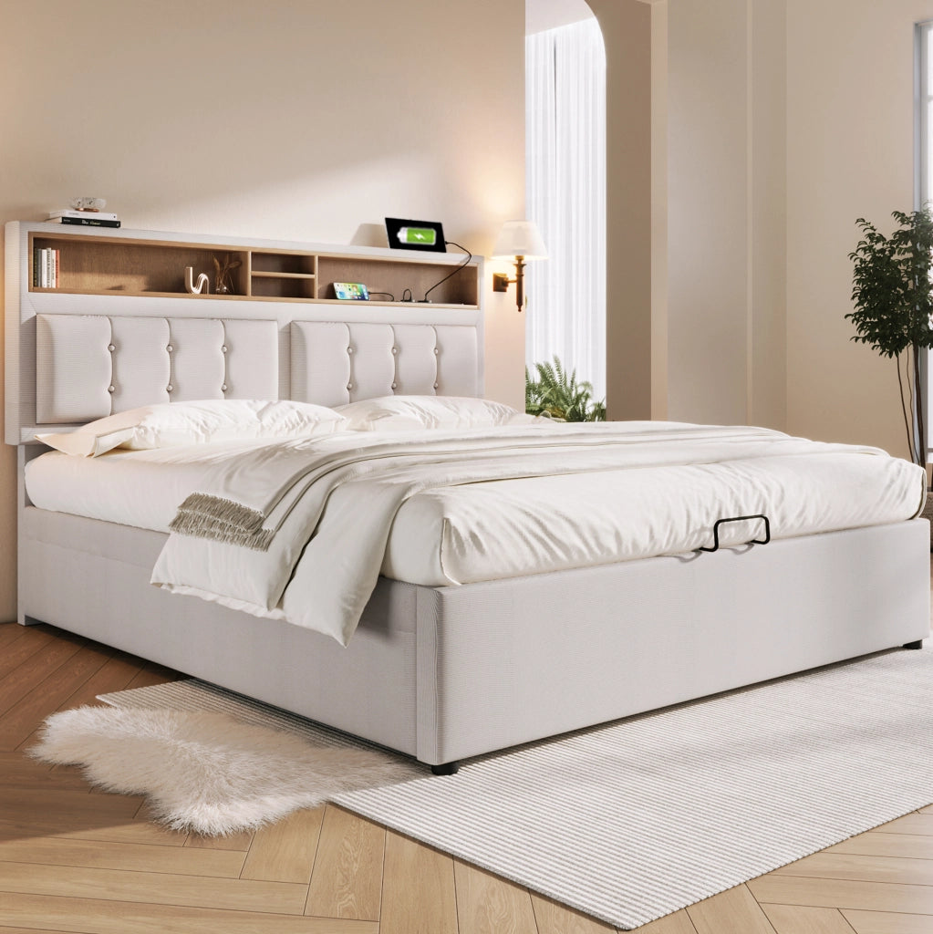 Letto matrimoniale 140x200 imbottito con testiera regolabile, USB e contenitore