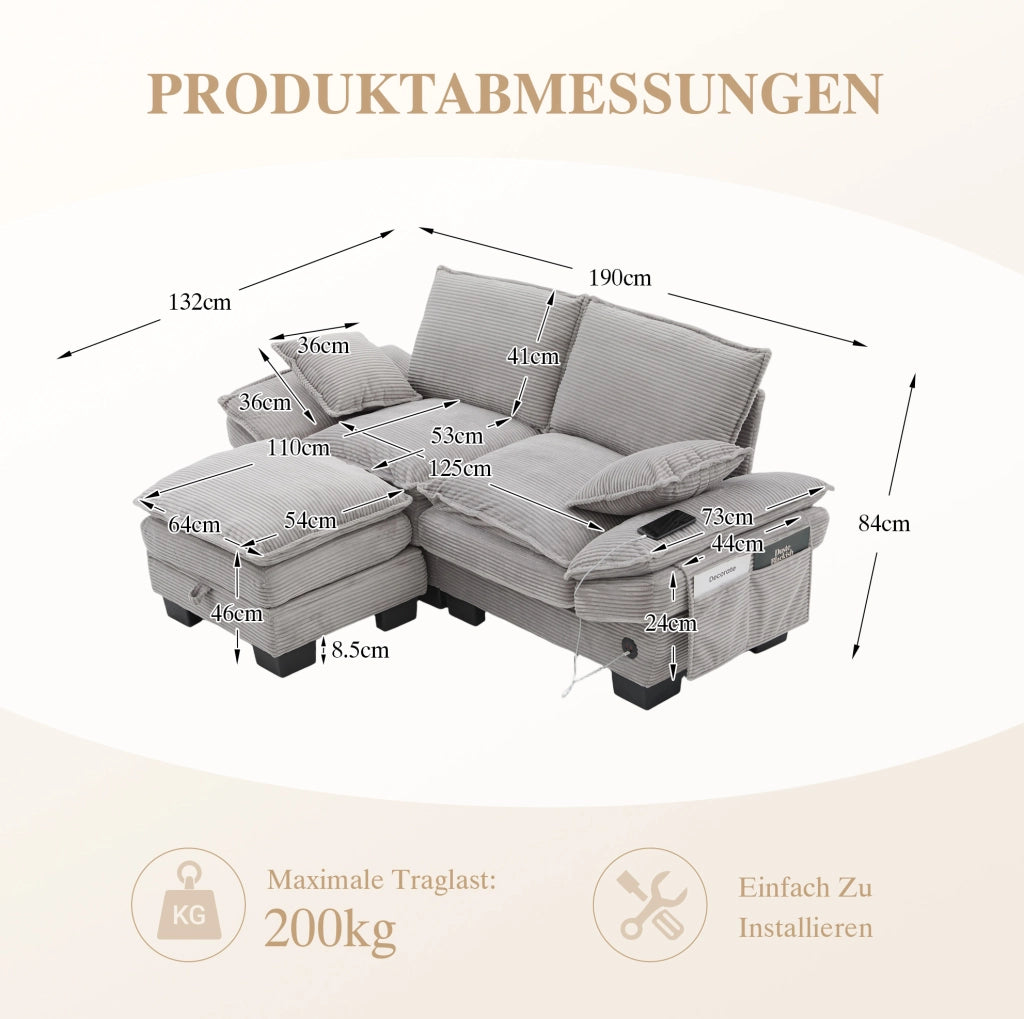 Divano 2 posti 190x132x84 cm in tessuto a coste grigio chiaro con pouf