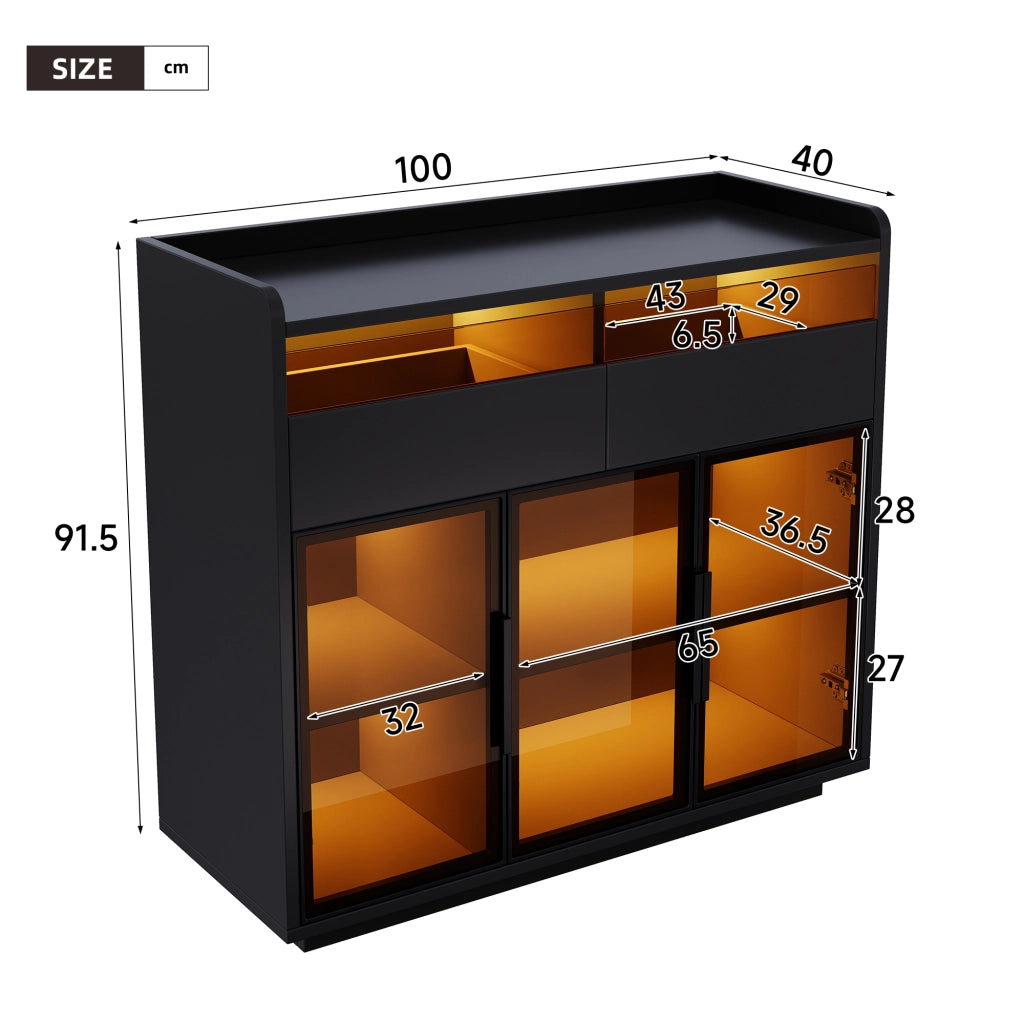 Vetrina - Credenza - Cantinetta - Ante in vetro - Illuminazione a LED - 2 cassetti - Nero