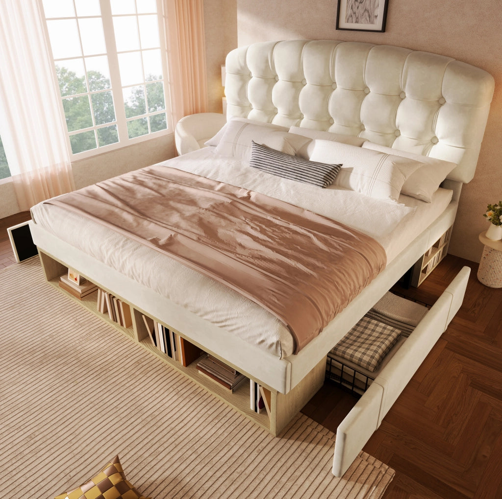 Letto matrimoniale 140x190 cm in velluto beige con testiera regolabile, vani e cassetti