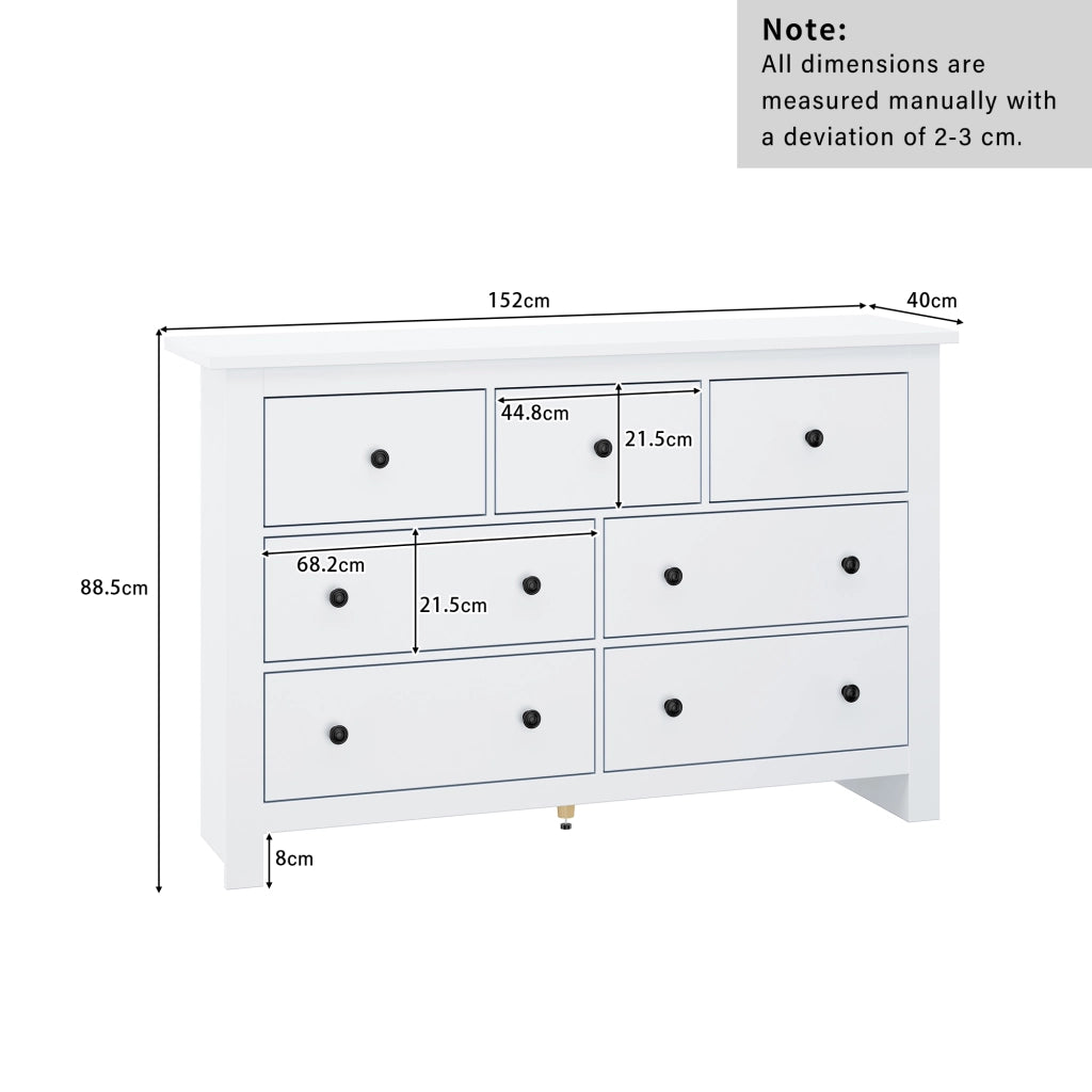Credenza bianca moderna mobile buffet con 7 cassetti in truciolato 152x40x89 cm
