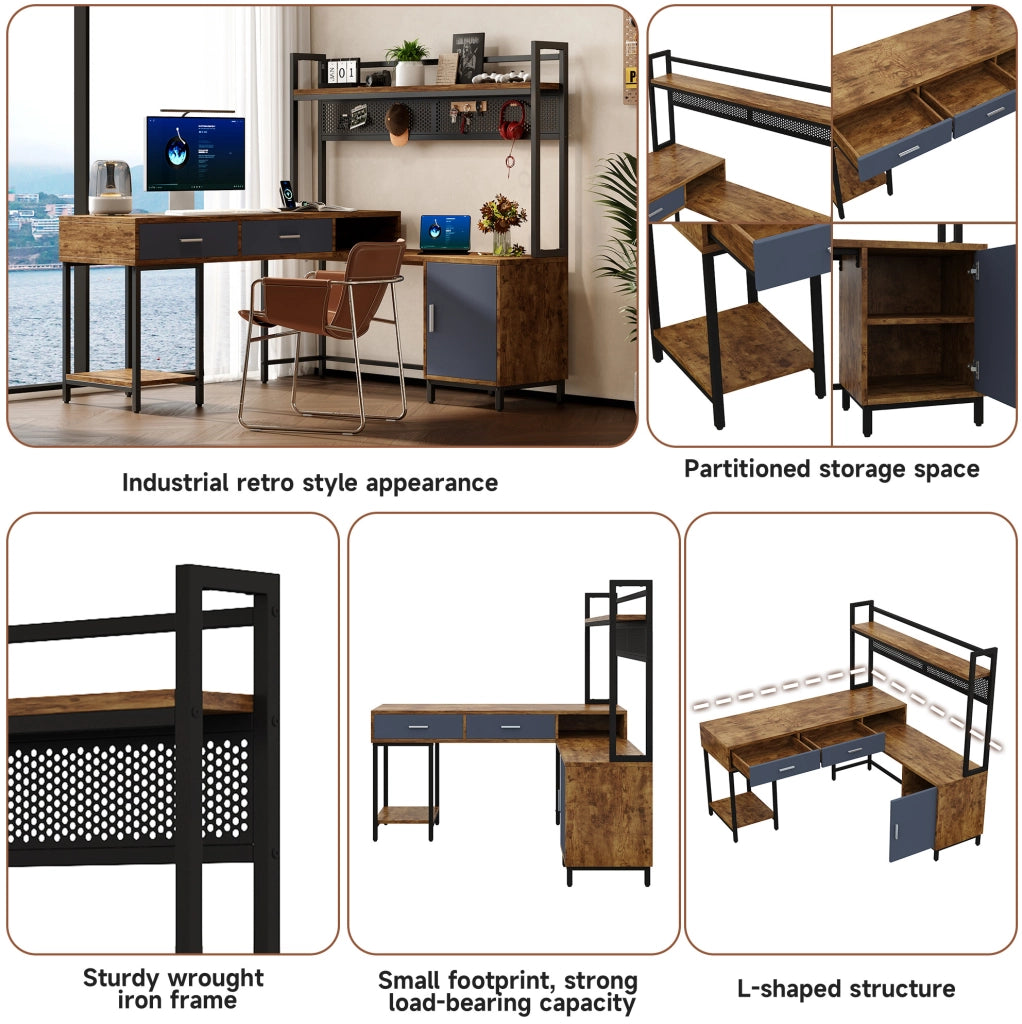 Scrivania angolare industriale 140x140x135 cm in MDF e metallo, colore nero e legno, con cassetti e anta soft-close