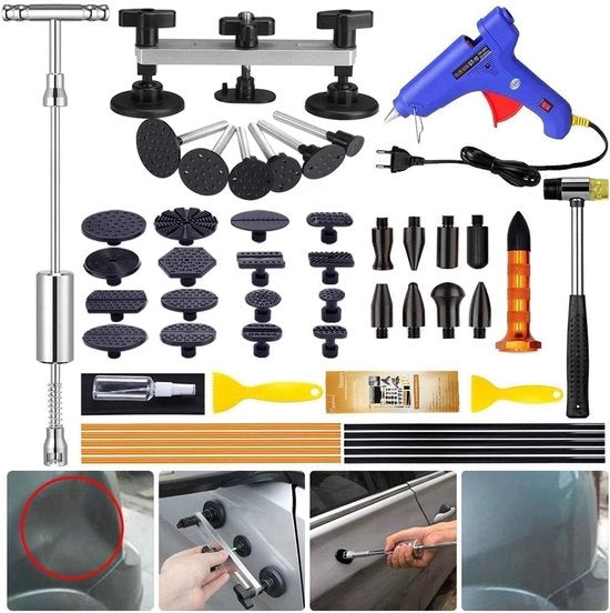 Kit di riparazione di ammaccature per autoveicoli, set di rimozione di ammaccature, kit di riparazione di ammaccature senza verniciatura, set di rimozione di ammaccature con gomma di spinta con 16 pezzi di colla.