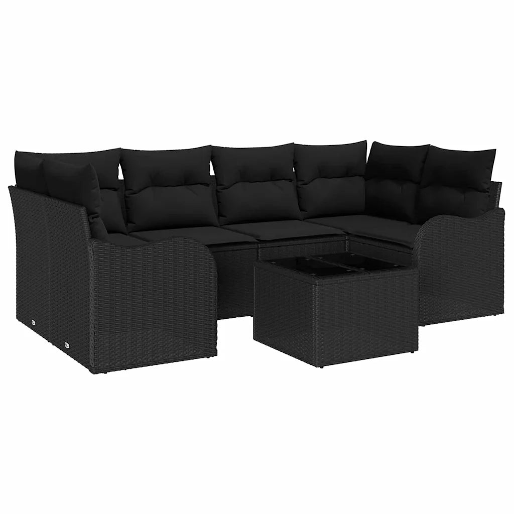 Set Divano da Giardino 7 pcs Nero Polyrattan, Acciaio e Vetro