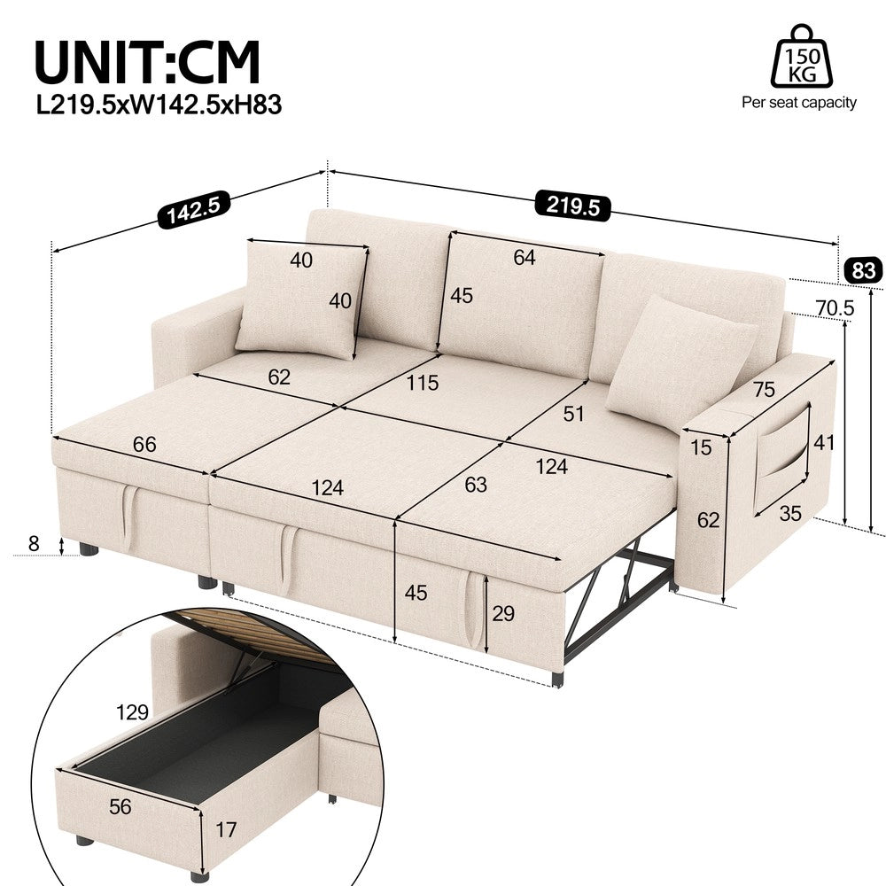 Divano letto estraibile con contenitore ¨C Minimal ¨C Beige tessuto, chaise longue intercambiabile