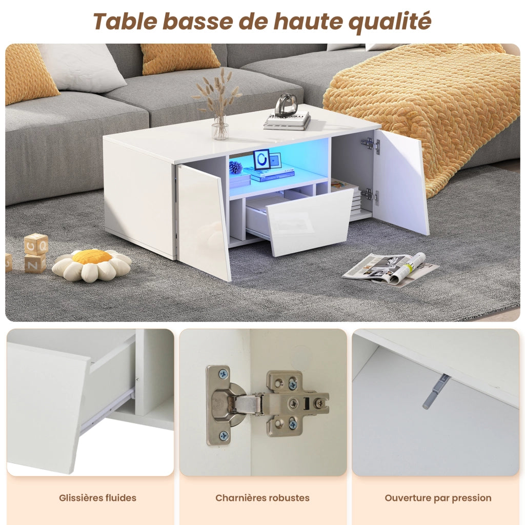 Tavolino da salotto LED con 2 ante, 1 cassetto e vano aperto, design irregolare moderno, bianco, 100 × 50 × 40 cm