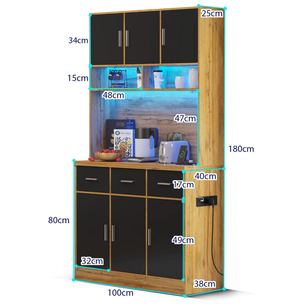 Credenza da cucina alta LED con 6 ante, 3 cassetti e ripiani regolabili per cucina e sala da pranzo, 100 × 40 × 180 cm