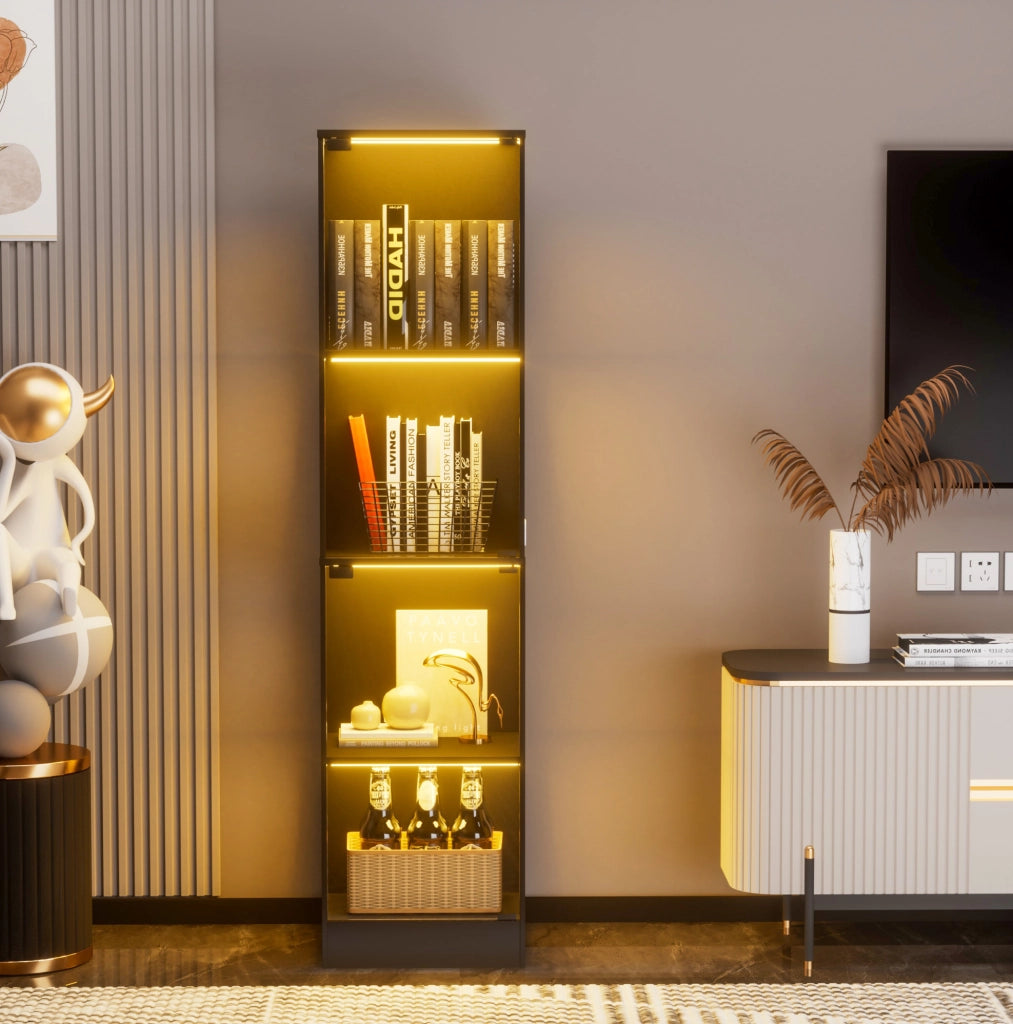 Vetrina con ante in vetro 40x35x165 cm con LED a 3 colori e sensore; effetto acacia