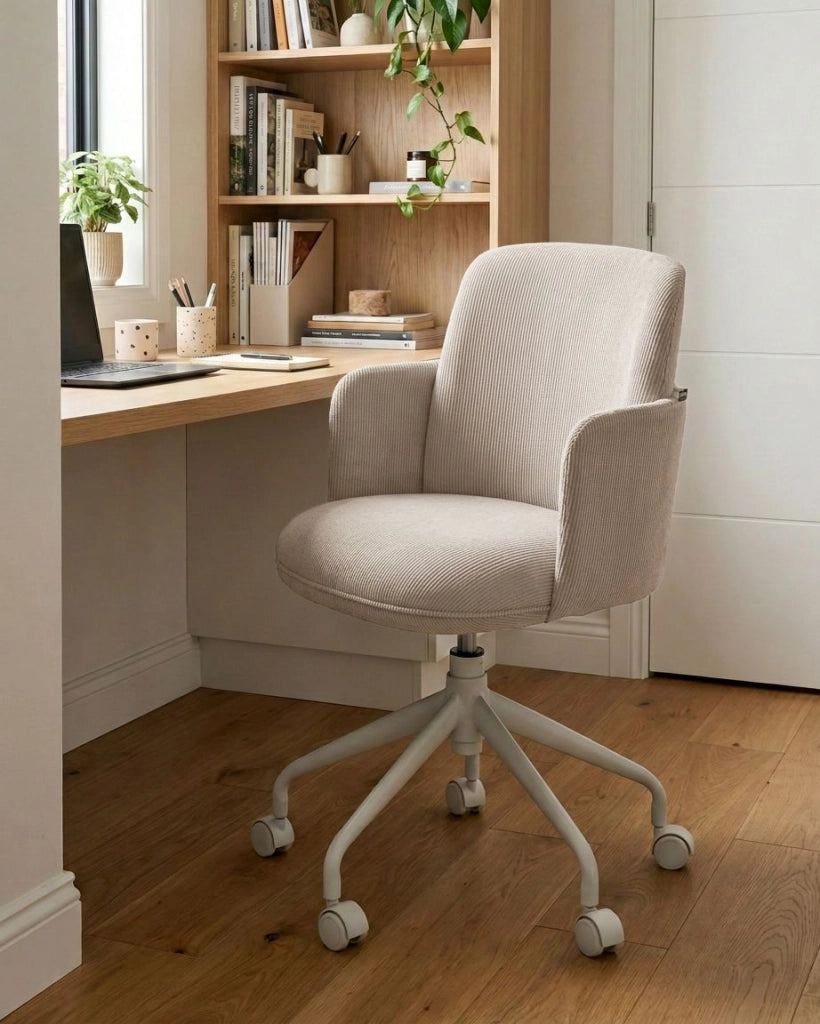 Sedia da ufficio in velluto a coste beige chiaro girevole con braccioli regolabile in altezza