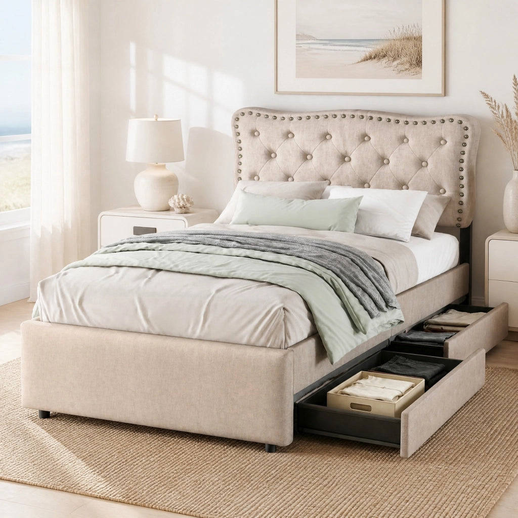 Letto con cassetti 90 × 200 cm imbottito con testiera regolabile e borchie decorative in lino e MDF beige scuro