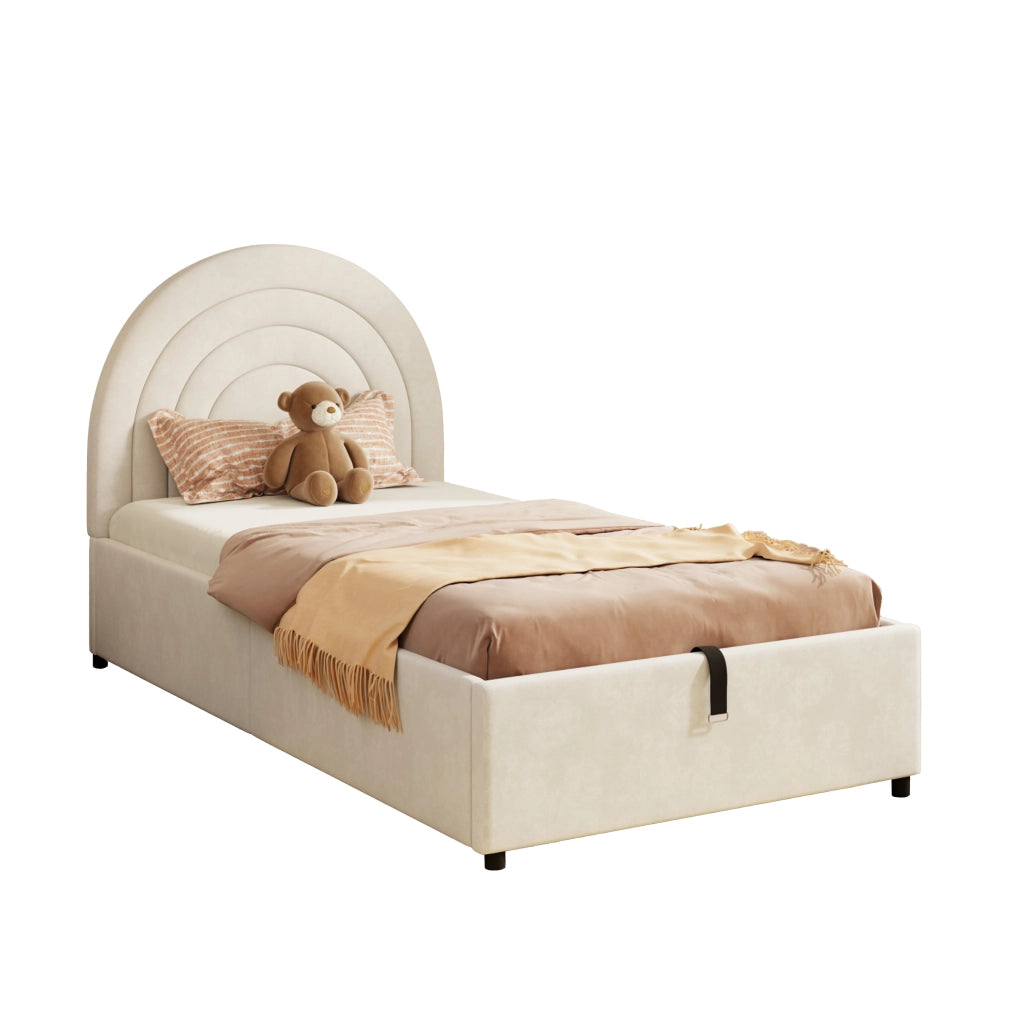 Letto 90cm*200cm con contenitore idraulico e testiera imbottita in velluto beige
