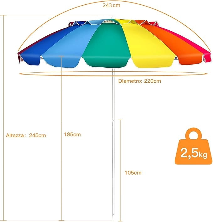Ombrellone da Spiaggia 2,43 m, Ombrellone Portatile da Esterno con Borsa di Trasporto, con Protezione Solare, Ideale per Spiaggia, Balcone, Giardino（Colorato)