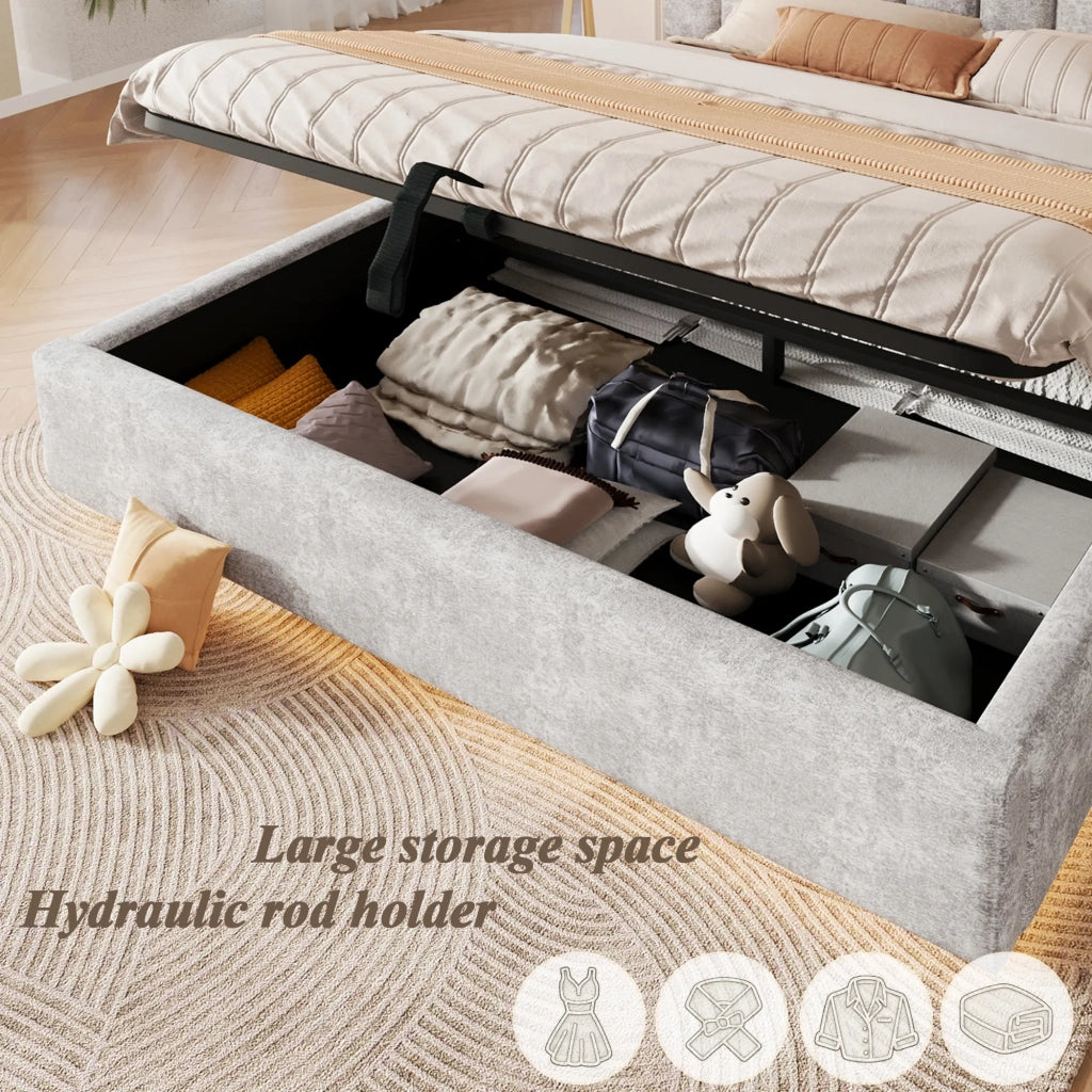 Letto matrimoniale imbottito 180x200 cm, testiera imbottita, rete a doghe, sollevamento idraulico, striscia LED, senza materasso, chenille grigio chiaro