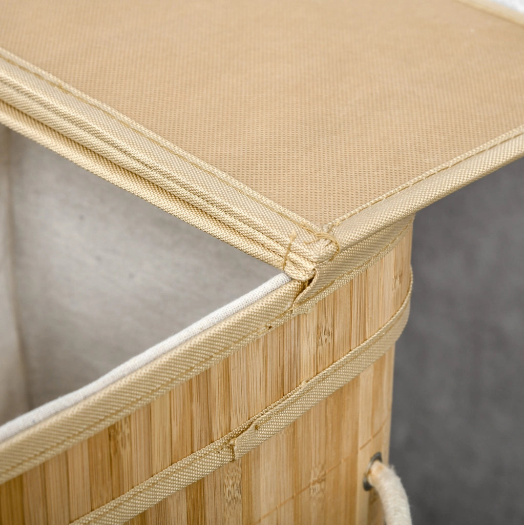 Cesto porta biancheria in bambù con coperchio, 90 litri, 2 scomparti e sacco interno rimovibile - 54,2 x 35,2 x 59,5 cm