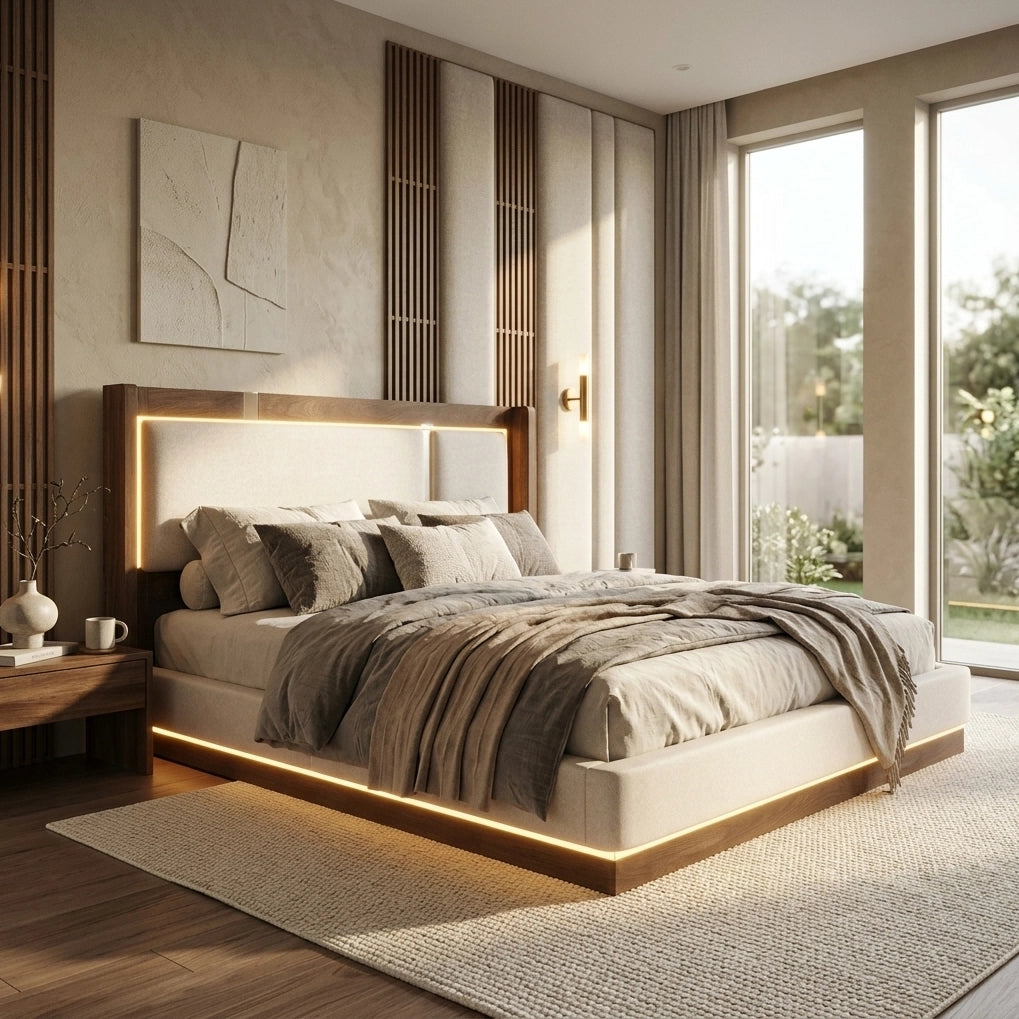 Letto matrimoniale imbottito 140x200 cm con rete a doghe, LED e contenitore, beige lino e noce, senza materasso