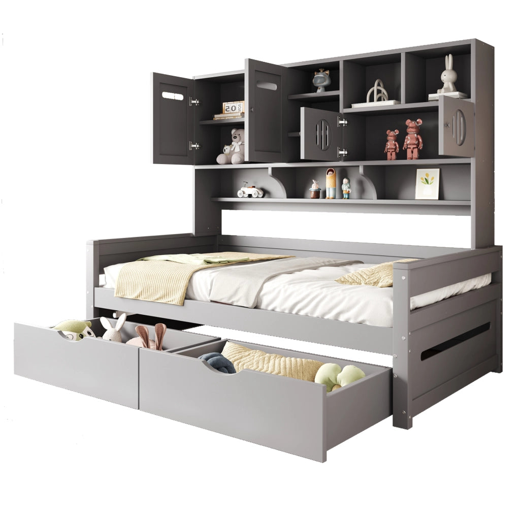 Letto con cassetti 90 × 200 cm con vano multifunzione e rete a 15 doghe in legno di pino grigio