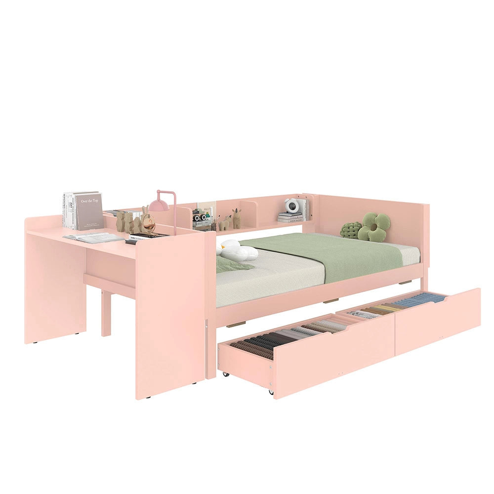 Letto singolo-Xylo-90x200 cm-con scrivania, 2 cassetti, scaffali, pino, rosa