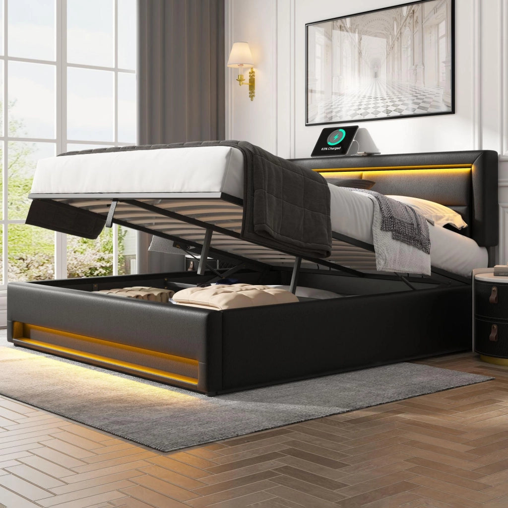 Letto imbottito 140x190 cm con LED, USB e ricarica wireless