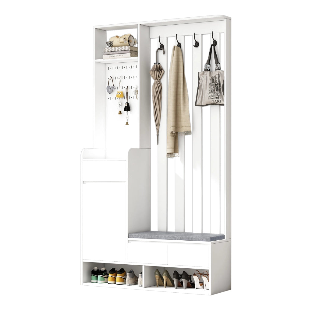 Panca contenitore bianca con appendiabiti a parete e 4 ganci, mobile ingresso multifunzione in MDF H180xL100xP35 cm