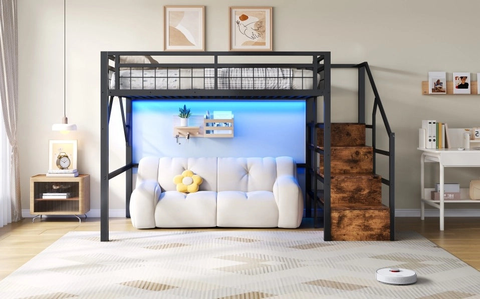 Letto a soppalco 140 x 200 cm nero con LED e gradini contenitore