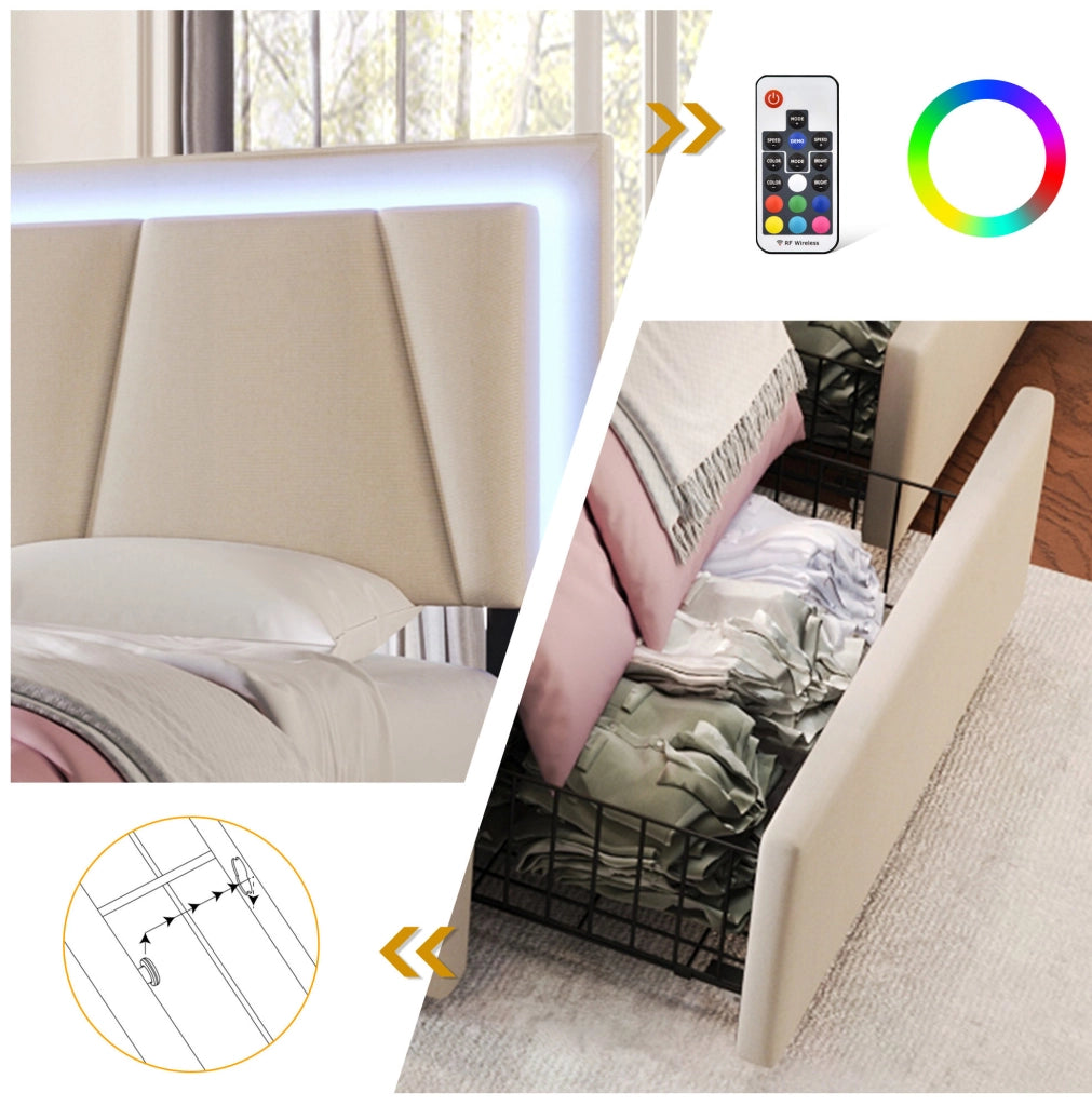 Letto imbottito 140 x 200 cm beige con LED e 4 cassetti