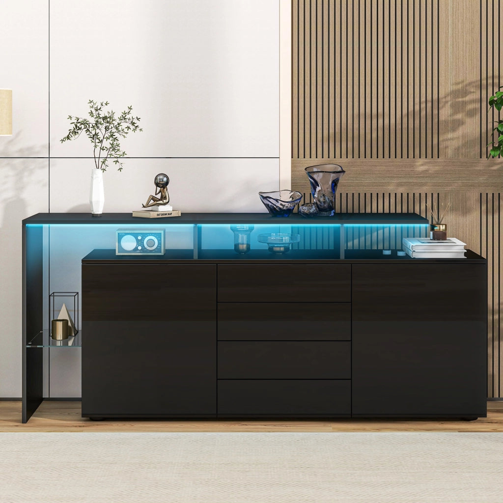 Credenza; 160x35x70 cm; con LED; elementi in vetro; finitura lucida; nero