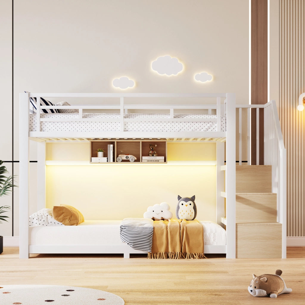 Letto a castello 90 x 200 cm bianco con scala contenitore e luci LED