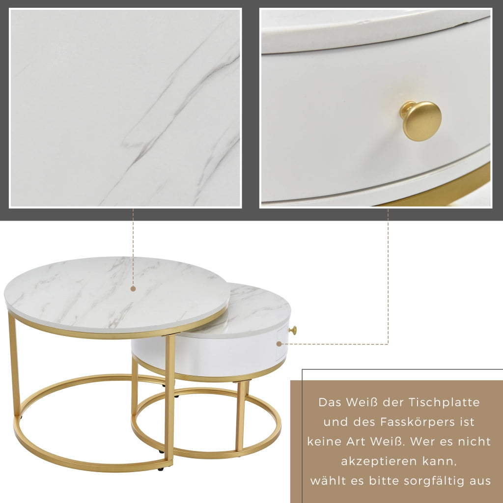 Tavolini bassi a incastro rotondi set di 2 in MDF bianco lucido effetto marmo con struttura in metallo dorata