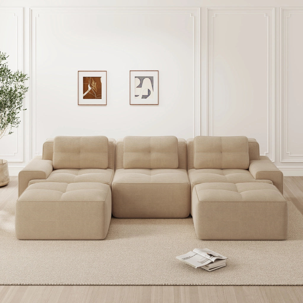 Divano modulare Cloud 3 posti in velluto a coste beige, modulare con ottomana, senza montaggio