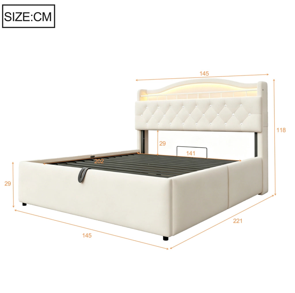 Letto matrimoniale contenitore 140x200 cm in velluto beige con LED; USB e USB-C HOMVRA