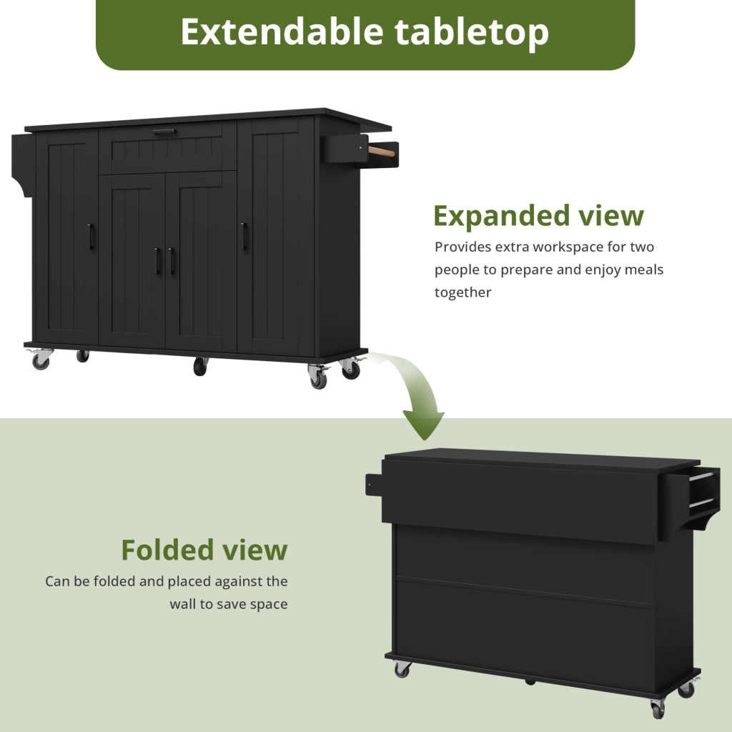 Carrello da cucina 120x45x95 cm con piano ribaltabile e 5 ruote in MDF; nero